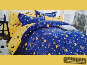 Draps 3 Places 2 Taies Housse 100% Coton Bleu Etoiles Jaunes