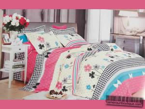 Ensemble 2 Draps 2 Taies 100% Coton Rose Fleuri Motif